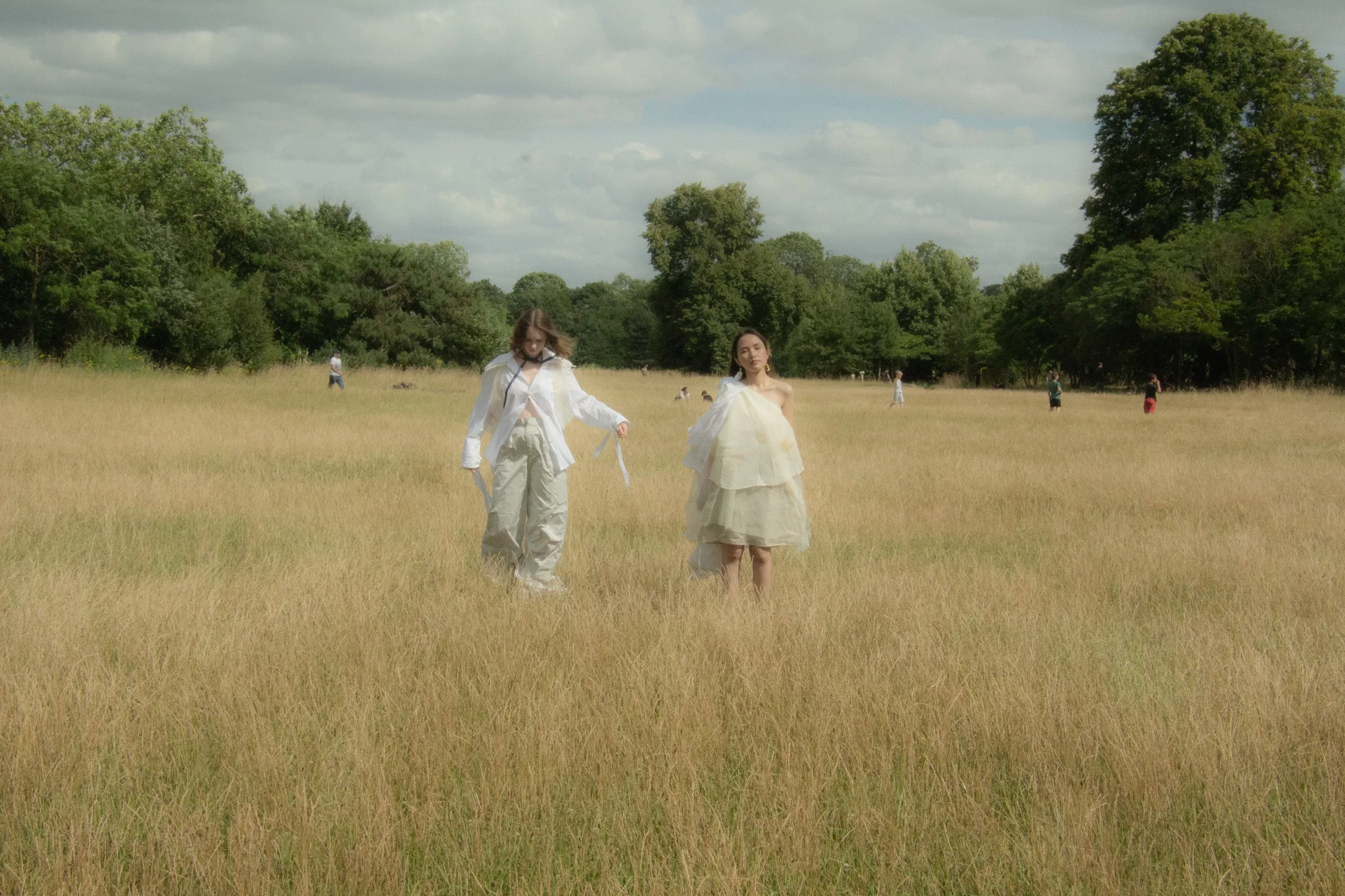 The two figures stand small in a wide golden field rimmed with trees