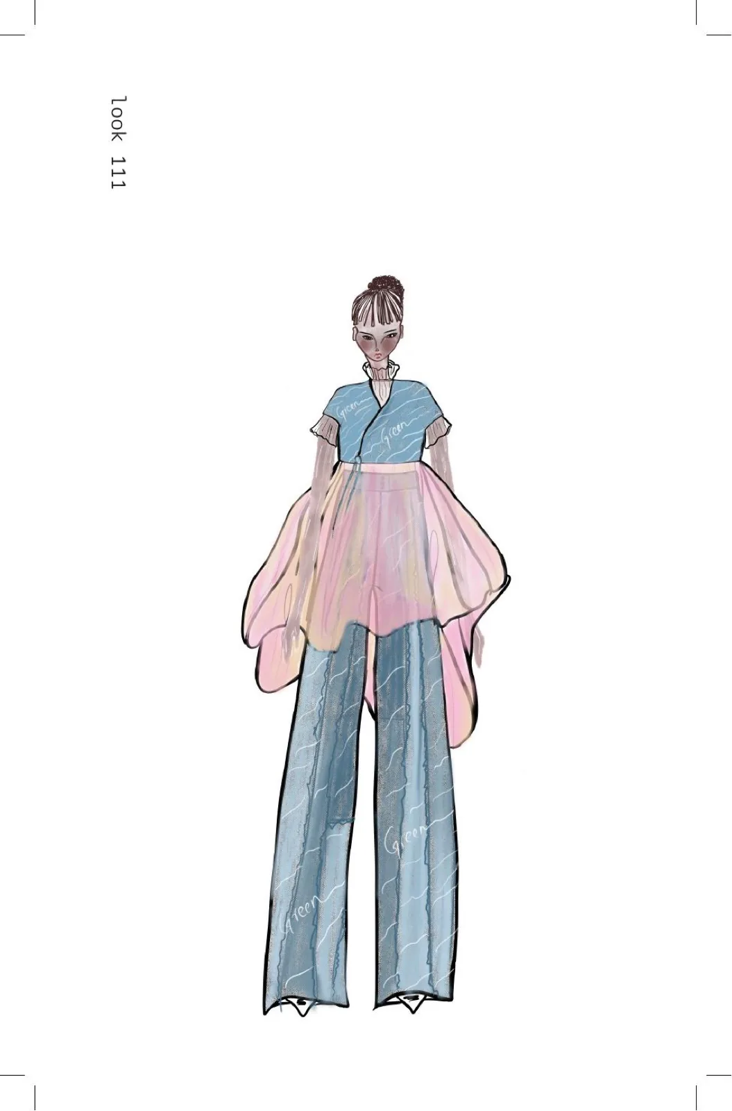 esreveR, look 1, sheer peplum over blue, illustration