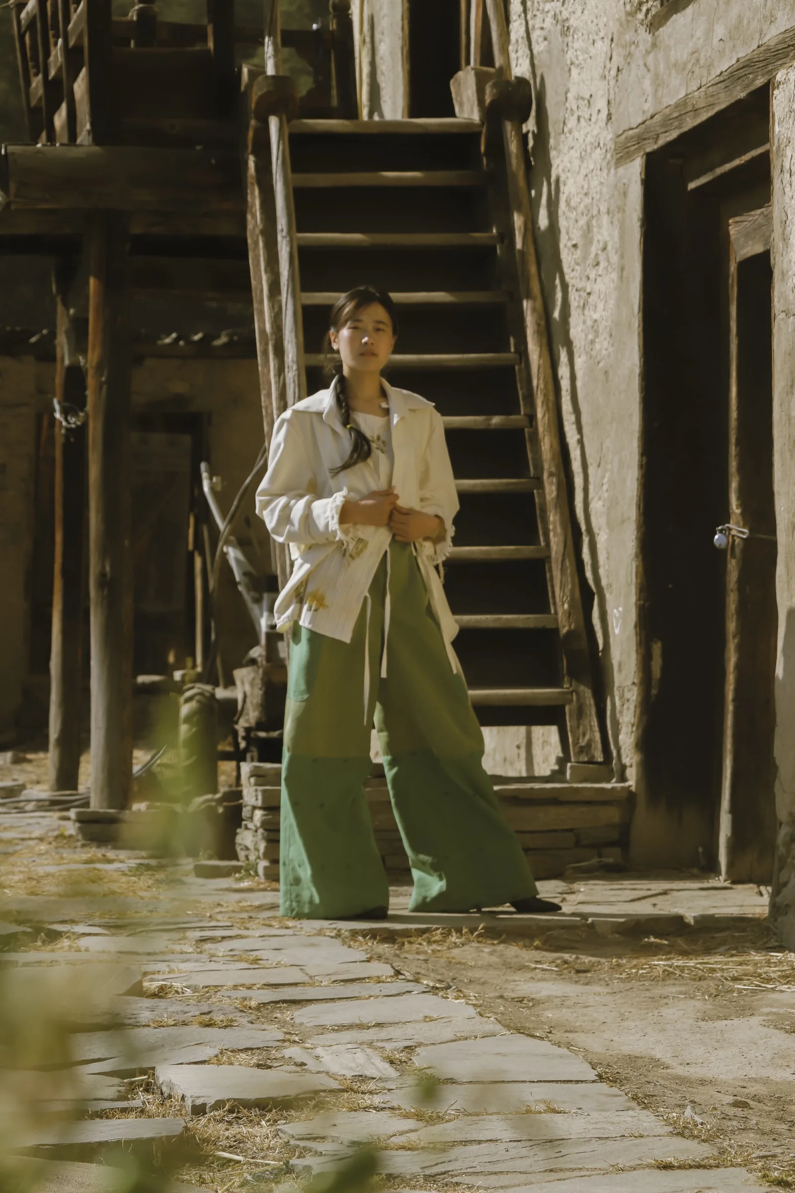 The finished eco-print look, standing in the village