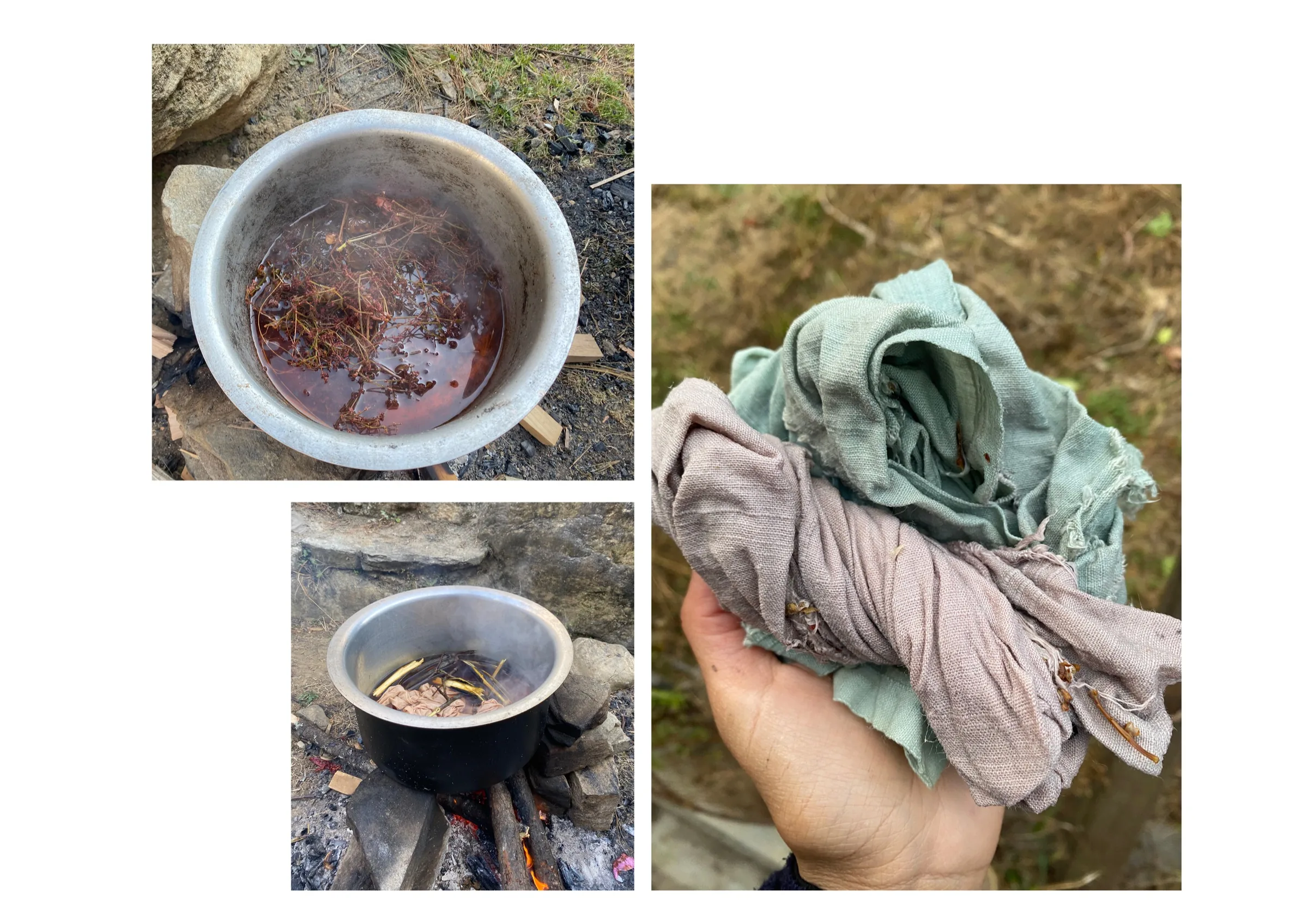 Dye pots on an open fire, and the dyed cloth lifted by hand