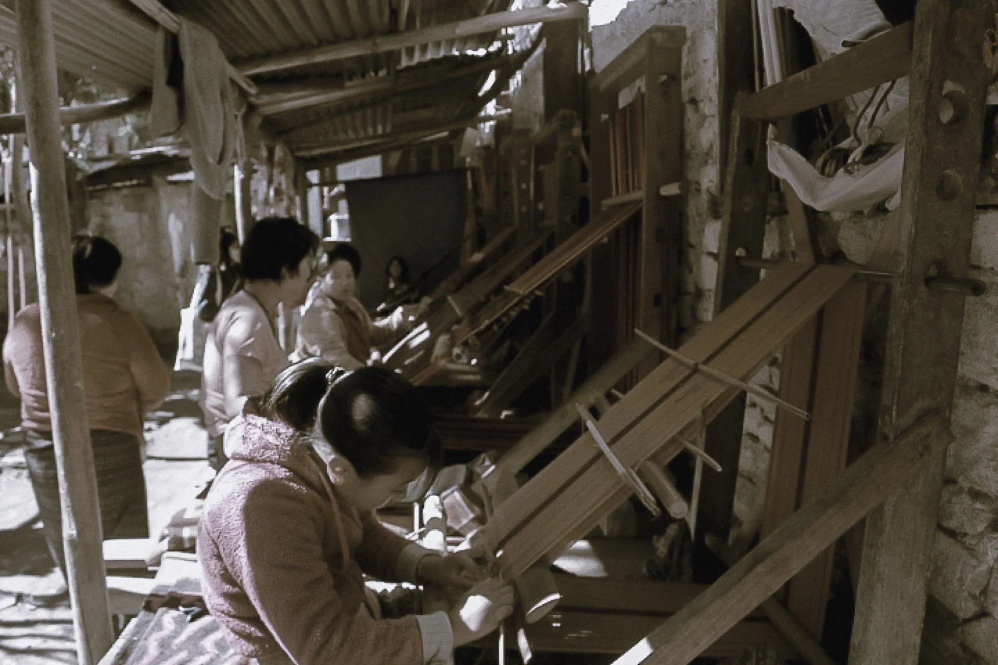 A row of looms at work under one roof